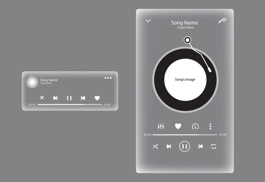  music player liquid glass design user interface. transparent music interface Glass Buttons UI UX. smartphone music player interface for application, webs, etc. 
