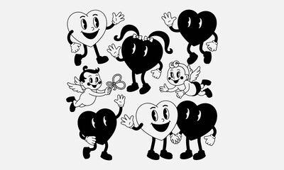 Naklejka premium Retro mascot heart. Cartoon vintage romantic Valentines day sticker, groovy hearts with leg and hands