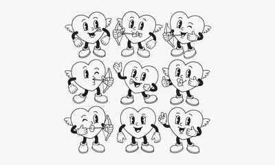 Retro mascot heart. Cartoon vintage romantic Valentines day sticker, groovy hearts with leg and hands