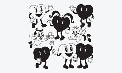 Naklejka premium Retro mascot heart. Cartoon vintage romantic Valentines day sticker, groovy hearts with leg and hands