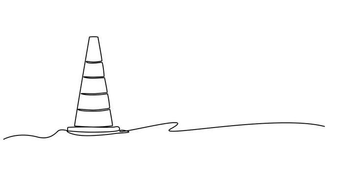 Self drawing simple animation of single continuous one line drawing of Traffic cone, Swirl curl circle background style. Continuous line draw. Full length animated. pro