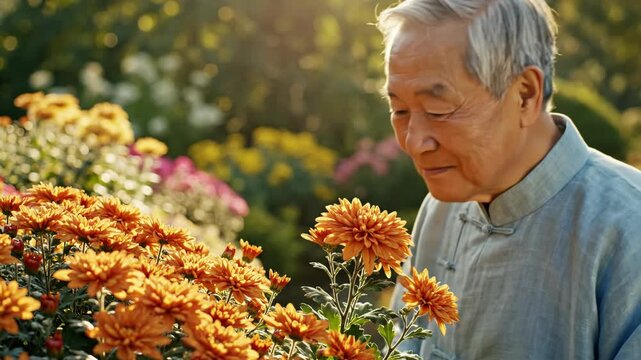 Elderly Asian man appreciating orange chrysanthemum flowers in sunny garden