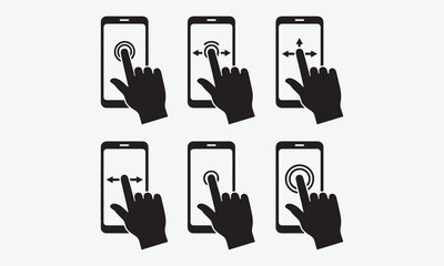 Web gesture hand icons. Simple icons with hand using smartphone, sign fingers touch, click, zoom, rotate, tap display. Touchscreen interface