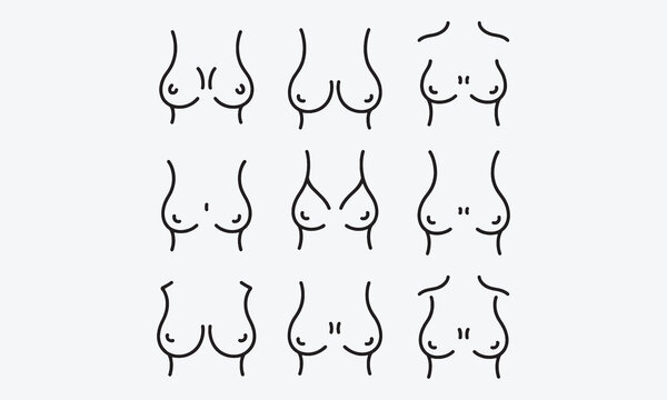 Woman breast. Doodle women body parts. Sketch simple different types, size, forms breasts. Female health and disease
