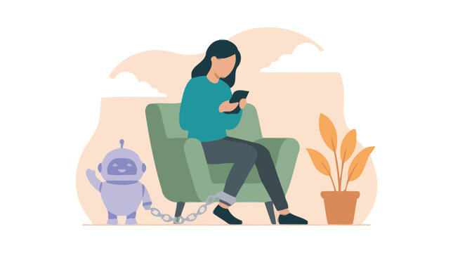Woman using smartphone chained to robot assistant symbolizing digital addiction