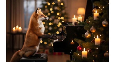 Obraz premium A fox plays piano near a decorated Christmas tree, festive, candlelit, and whimsical