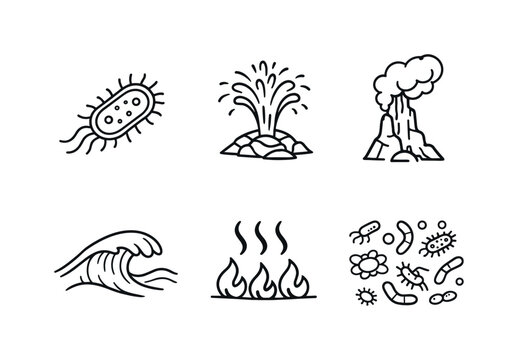 Line style vector icons of extremophile bacteria in hydrothermal vents: bacteria-outline icon, geyser-motif symbol, black-smoker