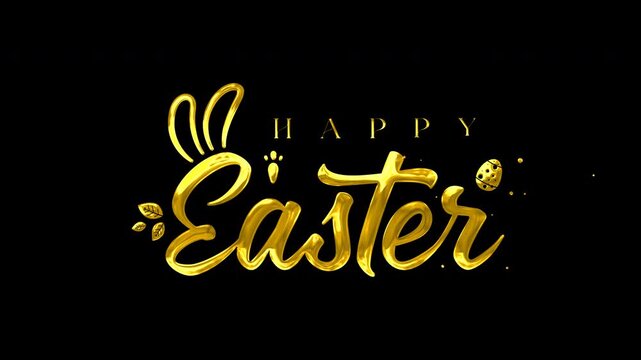 Golden happy easter text animation with bunny ears on black background perfect for easter greeting cards, social media posts, and festive designs.
