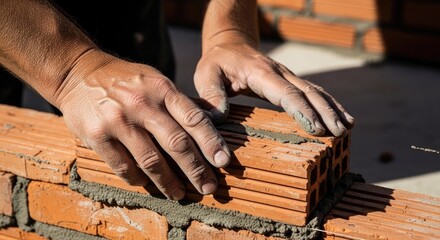 Skilled hands meticulously laying brick on a construction site