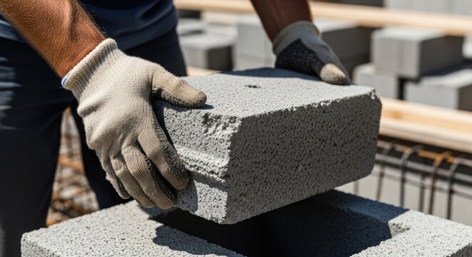 Skilled hands placing grey masonry block on construction site