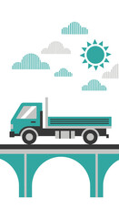 Modern Flatbed Truck Driving Across a Stylized Bridge Under Sunny Skies