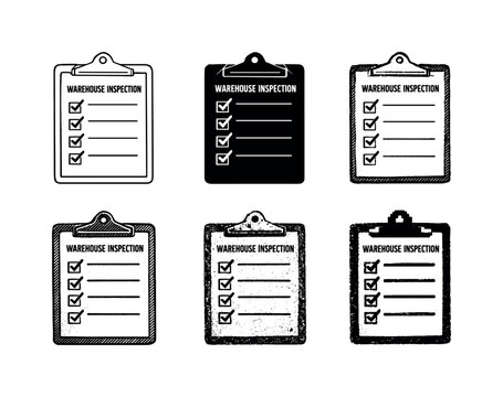 Warehouse inspection clipboard with ticked checklist sheet for auditing inventory and safety procedures | Create ONE image