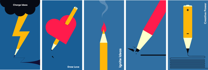 Illustration depicting creative concepts with pencils and symbols like lightning, heart, and flame. Each panel represents a unique idea, emphasizing creativity and inspiration. © Molibdenis-Studio