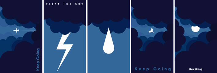 Illustration depicting motivational themes with elements like an airplane, lightning, raindrop, bird, and moon against a dark sky. Encouraging messages are included in the design.
