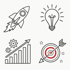 Professional business growth icons featuring rocket ship launch innovation lightbulb rising bar chart and target for marketing and sales strategy