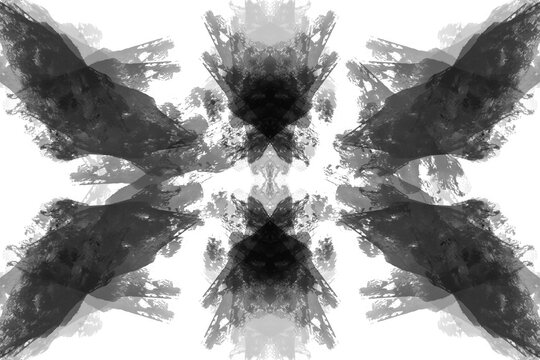 Manchas de tinta negra que crean dibujos abstractos, usadas en psicolog&iacute;a, con fondo transparente.