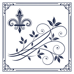 Ornate square frame with corner accents featuring fleur de lis symbol and swirling floral vine, classic decorative element © Md Monjel Sheikh