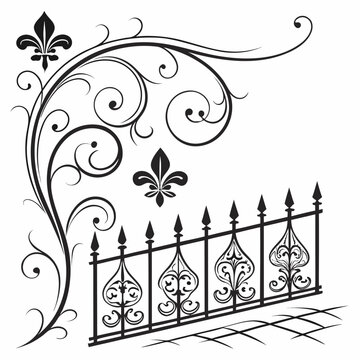 Ornate wrought iron fence with decorative fleur de lis and swirling floral corner element vintage architectural detail