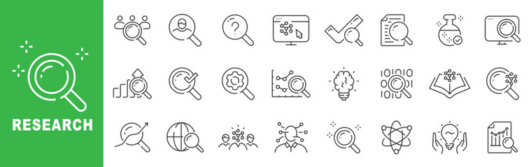 Research icon set featuring data analysis, market investigation, scientific study, search tools, analytics reports, outline line icons with editable stroke vector. © tutti_frutti