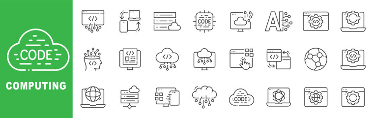 Plakat Outline code computing icon set for software development, cloud programming, API integration, DevOps automation, UI dashboard, editable stroke vectors.