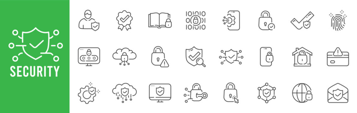 Cybersecurity security icons with shield, lock, encryption, cloud protection, fingerprint authentication, access control, breach alerts, compliance, editable stroke line outline.