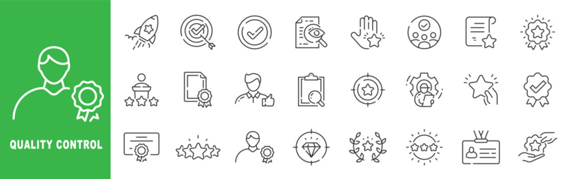Quality control icon set featuring certification, performance evaluation, star rating, compliance verification, audit management, outline line icons with editable stroke vector.