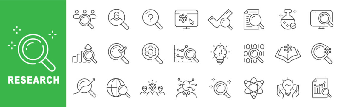 Research icon set featuring data analysis, market investigation, scientific study, search tools, analytics reports, outline line icons with editable stroke vector.