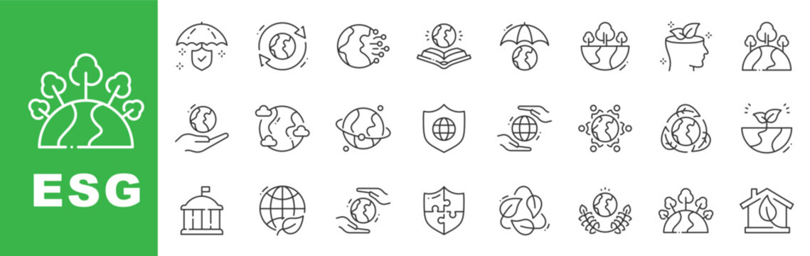 ESG sustainability icon set with global protection, renewable energy, recycling, governance, environmental conservation, outline line icons, editable stroke vector.