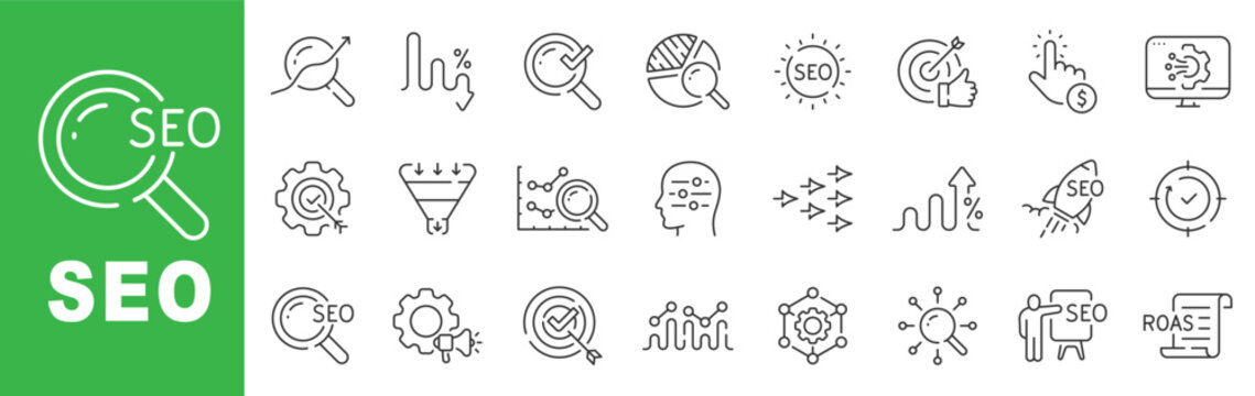 SEO icon set featuring search optimization, keyword research, analytics growth, digital marketing strategy, outline line icons with editable stroke vector.