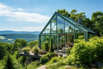 Obraz premium Modern glass house integrating nature with an open terrace and lush landscape