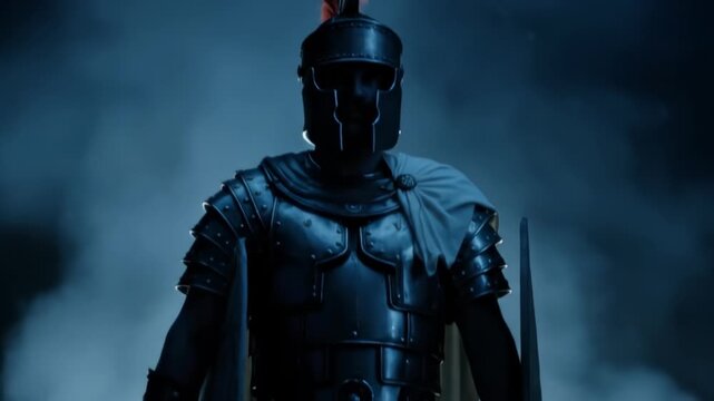 Dolly up shot of ancient warrior standing defiantly against a fiery, smoky background.