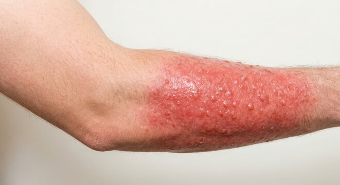 A close up of a person's arm with a severe allergic reaction rash