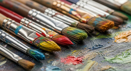 Obraz premium A row of colorful paintbrushes on a palette with paint splatters close up detail view natural lighti