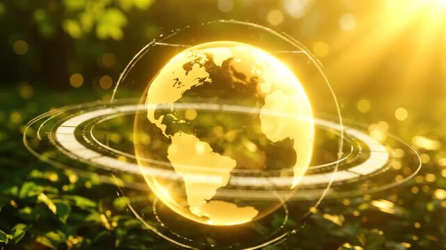 Glowing Earth globe rotating in sunlit green nature background - 3D Animation