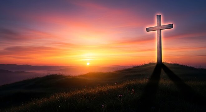Happy easter sunday morning with cross on hill at sunrise