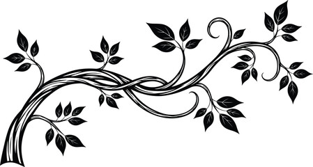 Black tree branch silhouette with leaves and vine swirls, decorative botanical element isolated on white, cad drawing flat vector illustration
