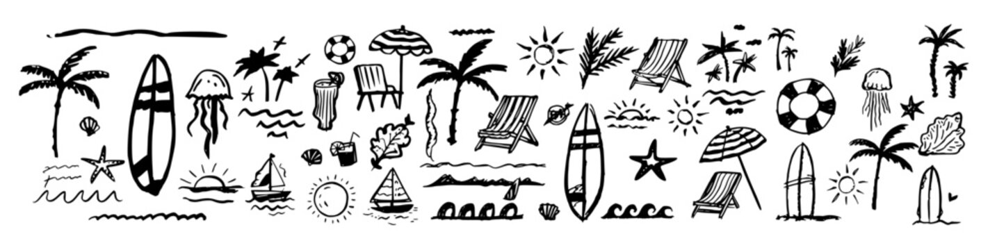 Hand drawn tropical beach doodle vector set. Summer coastal icons with palm trees, surfboards, waves, sun, and seashells.