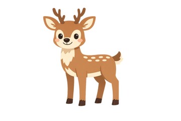 Fototapeta premium Cute cartoon deer featuring antlers, brown fur, and white spots, happily smiling and standing, representing wildlife and animal themes for children's designs