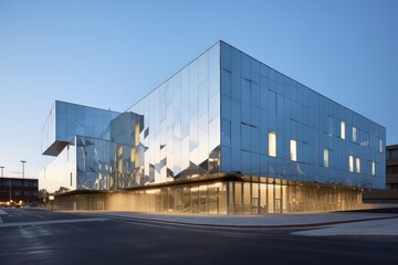 Obraz premium Contemporary urban building featuring a geometric mirrored exterior under a clear evening sky