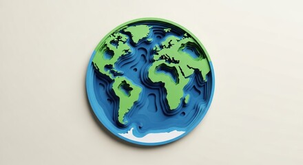Fototapeta premium Stylized, layered representation of the planet Earth shows continents floating above blue ocean.