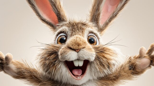 Ein lachender Osterhase der die Arme ausbreitet.