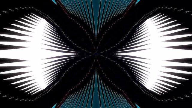 Symmetrical kaleidoscope motif with blue diamond shapes forming a glowing geometric pattern on a black background.	