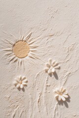 Naklejka premium Sun sand flowers texture relief beach art stamped floral sunburst composition in pale beige sand with daisy shapes and radiating lines
