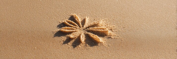 Naklejka premium Small starburst flower imprint in golden sand symmetrical petals sunlit beach minimalist seaside decorative relief