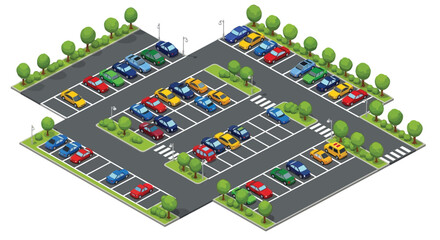 Isometric illustration of a busy parking lot with various colored cars © LUNEX