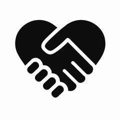 Obraz premium Bold black icon of a handshake inside a heart, symbolizing partnership, trust, support, agreement, compassion and reliable human connection for social or business themes.