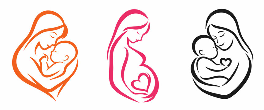 Set of three maternity line icons featuring mother and baby, pregnant silhouette and caring embrace. Versatile vector logo collection for prenatal clinics, parenting brands and baby products.