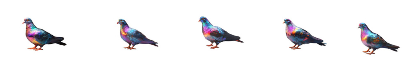 Five colorful pigeons with iridescent feathers isolated on transparent background