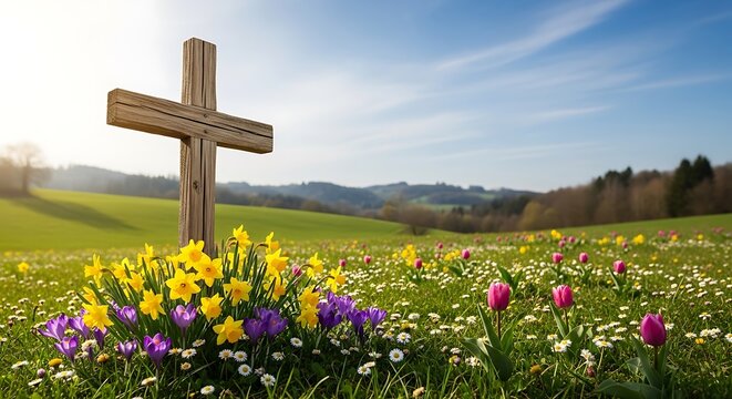 Happy easter sunday wishes with a serene cross and blooming flowers in a green field