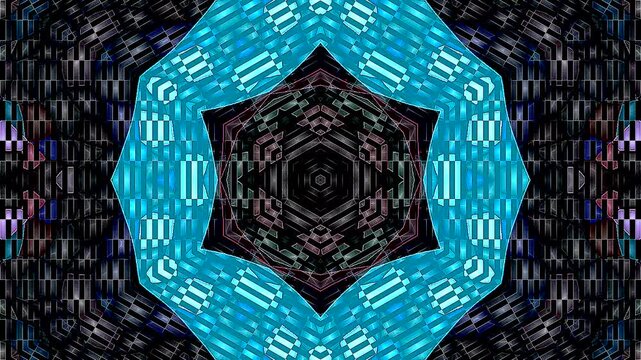 Symmetrical kaleidoscope motif with blue diamond shapes forming a glowing geometric pattern on a black background.	